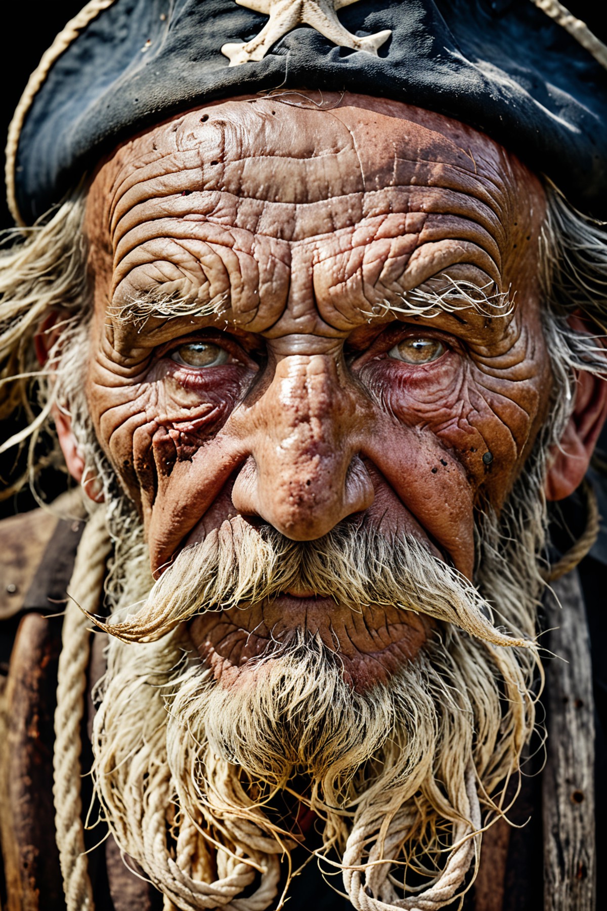 a grungy old sea captain, with wrinkly face, high detail high definition photograph or immense resolution and intricate ca...