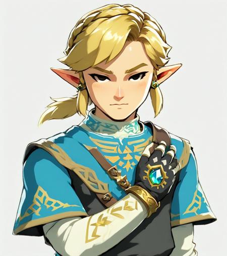 link, the legend of zelda: breath of the wild, 1boy, amber (gemstone), blonde hair, champion's tunic (zelda), closed eyes, earrings, fingerless gloves, gem, gloves, jewelry, male focus, pointy ears, short hair, short ponytail, simple background, solo, upper body, white background, <lora:Dall-e_3_0.3-v2-000003>