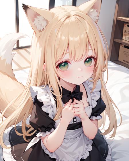 masterpiece,best quality,
(blonde hair),(green eyes),(kid, child:1),long hair,fox girl,fox tail,
maid,enmaided,
:3,blush,
from above,
(hand on another's cheek),(1man),
<lora:Blurry eyes:1>