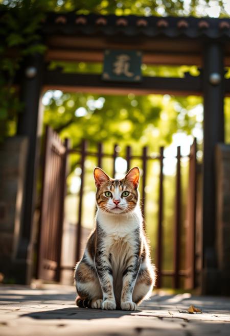 (Soft Lighting Photography by Mimoza Veliu and Mario Giacomelli:1.2), a cat sitting in front of tori gate, facing viewer, dappled sunlight
