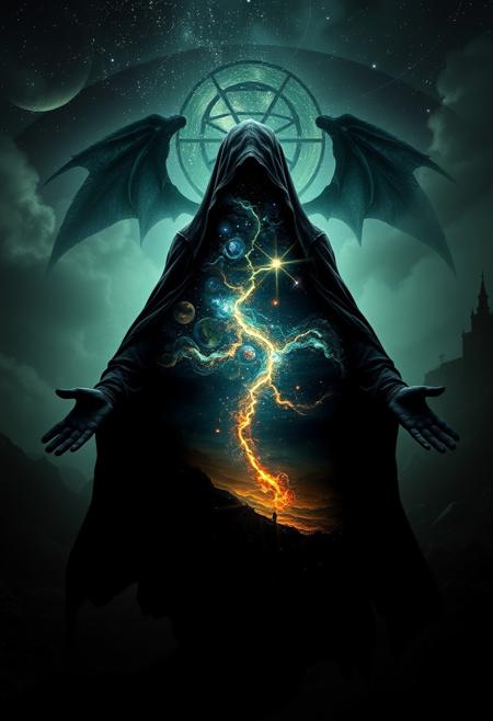 A universe inside a dark cloaked figure within mysterious landscape in an unfathomable realm of fantastic creation inhabited by ancient shadows of a forgotten time beyond the gate of the gateless gate where life is limitless, light is shadow and shadow is light, eerie sense, horror, spark of the beginning, existence and nonexistence at once, ethereal, outstretched arms, behold the end of the beginning, inglorious glory to the dark one, betrayal of the ancient order, beware the 7headed beast, black dragon king of the old ways