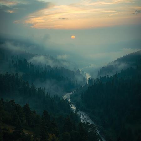 8k, source_photo, source_real, traditional media, amateur, real life photo, wide valley, scattered trees and woodland,  winding river, dungeons and dragons, medieval, mist, sunset
