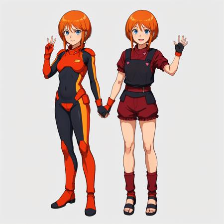 <lora:elpeople008:0.6>,
masterpiece,high quality,white background,2girls,
ADDBASE,2girls,
1loli,plespacepilotsuit,
short hair,orange hair,bangs,short hair with long locks,sidelocks,hair between eyes,blue eyes,
black  spacepilotsuit,
gloves,
boots,
standing,full body,scowl,hand up,holding hand,
ADDCOL,2girls,
1loli,
short hair,orange hair,bangs,short hair with long locks,sidelocks,hair between eyes,blue eyes,
overalls,black vest,pink triangle button,dark red shirt,short sleeves,
single glove,fingerless glove,
belt,dark red short pants,
frills,leg warmers,socks,sandals,
standing,full body,smile,open mouth,hand up,holding hand,