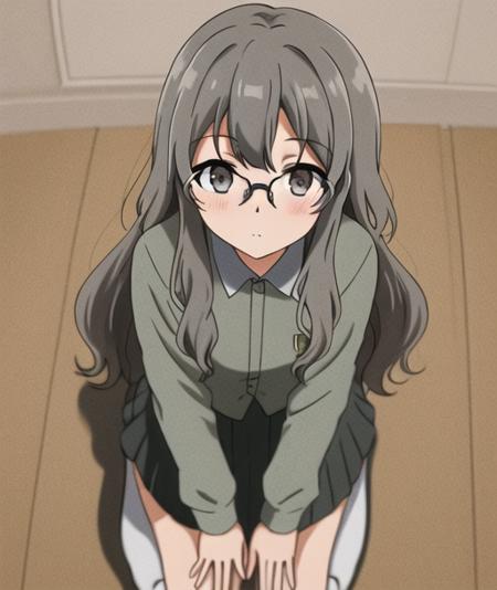 <lora:futaba:0.5>,futaba rio,glasses,(gray hair),very detailed ,highres,(masterpiece_1.0),(best quality_1.0),(seiza),(body in frame),((on knees)),((kneeling)),pov,  kneesocks,  perspective from above,