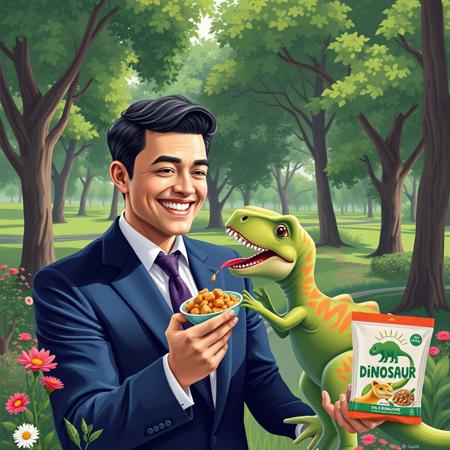 Create a bright and funny promotional illustration for dinosaur food that should look like a real photo. The painting depicts a man in a stylish business suit smiling as he feeds a small dinosaur the size of a cat. The dinosaur looks friendly and playful, with bright colors and cute facial features. Around them is a green park with trees and flowers, creating an atmosphere of joy and comfort. In the background, you can add a package of dinosaur food with a bright logo and slogan, emphasizing that this food is an ideal choice for small dinosaurs. It is important that all the elements of the image look realistic, as if it were a real photograph."