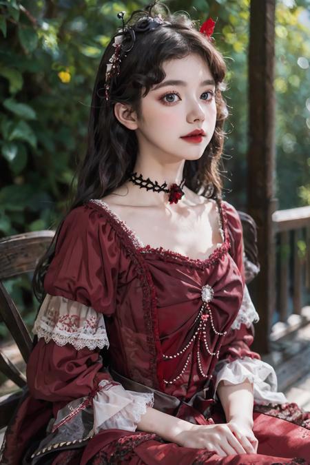 photo of a girl in red lolita_dress, dutch , bright eyes, blurred background, fine details, photorealistic, relaxed atmosphere, film photography, natural blurry <lora:lolitaFashionDress_gothic_style2:0.5>