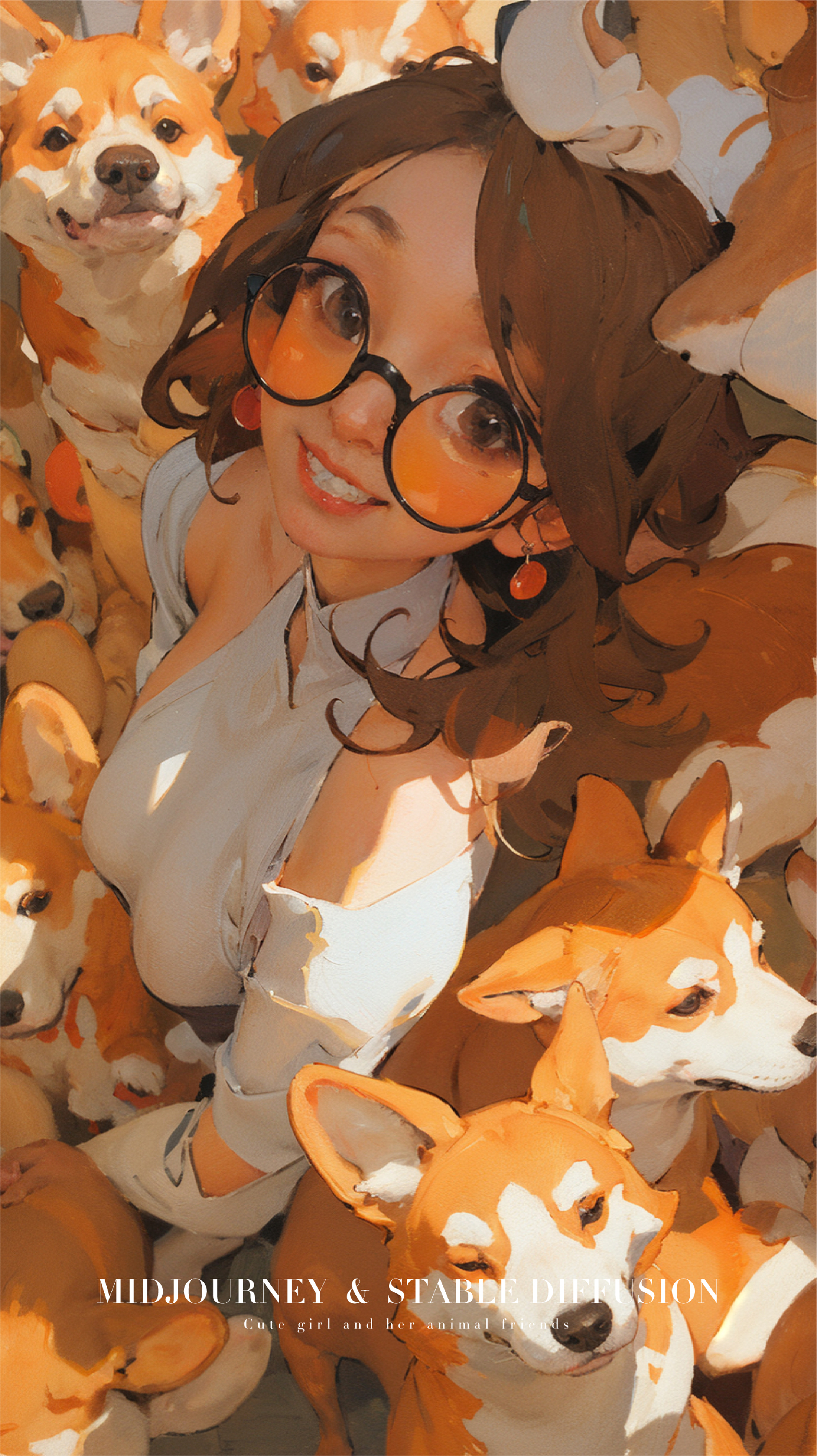 A girl smiling wearing glasses and surrounded by corgis.
