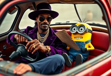 An anthropomorphic Snoop Dogg, radiating smooth charisma, sits confidently in the driver’s seat of a quirky, vintage Fiat 500. He’s decked out in his usual pimp regalia—deep purple velvet suit, wide-brimmed hat adorned with a feather, gold chains, and flashy rings—gripping the steering wheel with cool authority, his stylish cane resting against the dashboard.
In the cramped passenger seat, a mischievous Minion lounges next to him, its wide eyes peeking out from behind oversized goggles. Dressed in its classic blue overalls, the Minion holds a crumpled, slightly torn letter in its small hands. The edges of the letter are singed and stained, and the messy handwriting reads:
"YO, ONLY BUZZ CAN MAKE THIS TINY RIDE FLY.  
TIME’S RUNNING OUT—GET YOUR HEAD STRAIGHT OR LOSE IT.  
-THE BOSS."
Inside the Fiat, the interior is worn but still exudes retro charm with cracked leather seats and vintage details. Outside, a neon-lit Miami backdrop of swaying palm trees and gritty, shadowy streets contrasts sharply with the quirky little car. The scene is hyperrealistic, blending Snoop’s laid-back, larger-than-life presence with the Minion’s playful mischief and the car’s eccentric appeal, creating a vibrant, highly detailed tableau full of energy, humor, and surreal flair.