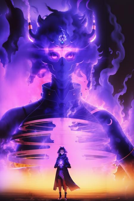 susanoo ((1boy inside a glowing giant)) aura surrounding, glowing eyes  smoke, flare, electricity, plasma
