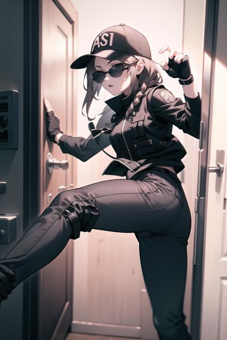 <lora:ash-000037:1> asop, asdef, black jacket, black shirt, vest, pants, black pants, fingerless gloves, baseball cap, sunglasses,
1girl, door, kicking door