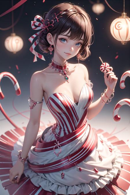 <lora:wrenchsweettail:1>, wrenchsweettail, 1girl, light smile, striped dress, jewelry, ribbon, candy cane