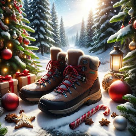 <lora:Christmas_Postcard_Style_XL-000005:0.75>ChristmasDecorativeStyleHiking boots