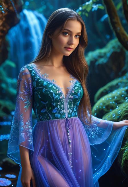 best quality, 4k, 8k, highres, (masterpiece:1.2), ultra-detailed, realistic, photorealistic, (photo-realistic:1.37), HDR, UHD, studio lighting, ultra-fine painting, sharp focus, physically-based rendering, extreme detail description, professional, vivid colors, bokeh,
1girl, long hair, small breasts,
modest dress, embroidered dress, intricately detailed dress, lace shall over shoulders,
In a lush forest lit up by bioluminescence, serene lakes, and mysterious caves where plants, fungi, and animals emit a soft, magical glow, expect deep blues, vibrant greens, and ethereal purples, with gentle lighting that creates a tranquil, otherworldly atmosphere