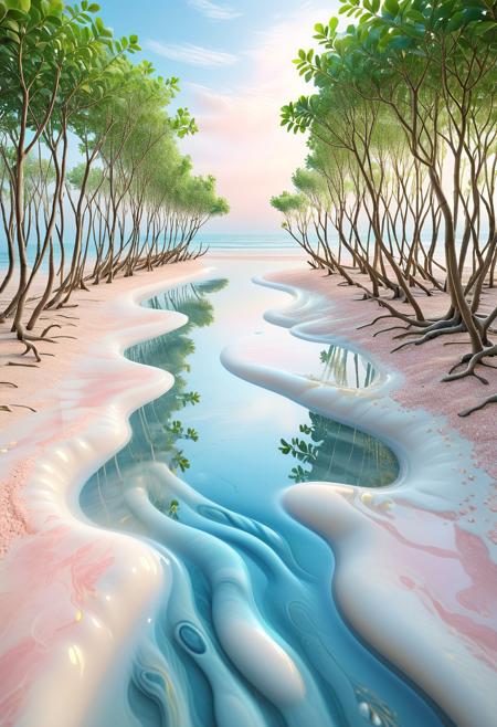 A serene and surreal mangrove forest composed of soft, flowing liquid marble. The liquid marble exhibits smooth and glossy textures, with pastel and pearlescent tones blending harmoniously. Vividly detailed plants emerge from the liquid ground, surrounded by a tranquil liquid beach shimmering with a gentle gradient of soft blues and warm pinks. The ocean stretches endlessly, reflecting soothing light and subtle waves. Human footprints are etched into the liquid sand, hinting at presence but no humans appear. Ultra-realistic, cinematic soft lighting, dreamy and comfortable atmosphere, hyper-detailed,