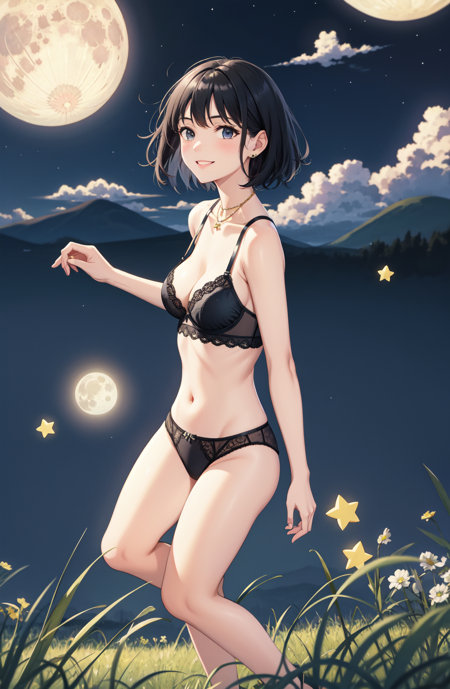 Starry night, moon, celestial jewelry, esagumi, absurdres, short hair, cute smile, black hair, long lingerie, grassy field, solo,