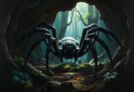 gigantic wolf spider, hiding in a deep forest cave. Dark fantasy painting style. Photorealistic. Heavy contrast.