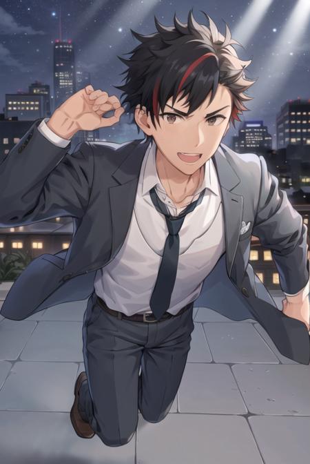 1boy, black_hair, brown_eyes, aqua eyes,  streaked_hair, :d, teeth, looking_at_viewer, male_focus, 
(full body), suit,  necktie, hair_between_eyes, jacket, looking_at_viewer, male_focus, parted_lips, portrait, stage, city buildings,city lights,  (night sky) , concert, ((god rays)),(solo)