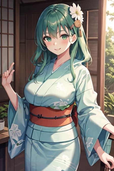 best quality, masterpiece, highres, solo, {yukata:1.40}, {kimono:1.20}, {suzuya_kantaicollection:1.15}, long_hair, hair_ornament, aqua_hair, hairclip, blush, breasts, smile, aqua_eyes, green_eyes, hair_between_eyes, large_breasts, green_hair