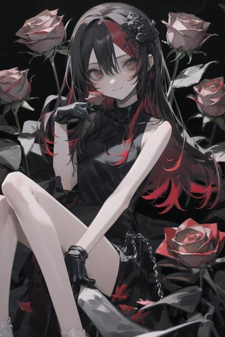 <lora:qy:1>1girl, rose, flower, solo, holding, gloves, bangs, petals, dress, smile, sleeveless, chain, red eyes, red hair, red gloves, long hair, red flower, looking at viewer, red rose, closed mouth, holding flower, black dress, bare shoulders, hair ornament, black hair, multicolored hair, hair between eyes, black flower, sleeveless dress, two-tone hair