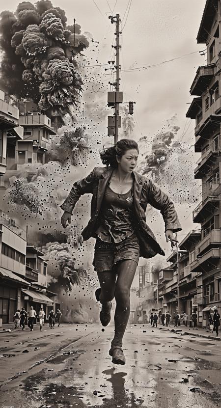 sepia old photo, damaged, early 19th century, masterpiece, dark undertones, highly detailed, epic, 
a huge bomber with explosion, engulfed by black powder explosion, the moment a bomb targeting an anti-aircraft couple explodes in the air on the streets of sarajevo, 
a woman running on the street outworn detailed old cyberpunk Samurai  very long robes, the surrounding crowd runs away in surprise, motion blur, dynamic pose, 
street scene, people running, shock, debris, historical event, dramatic, fear, urban chaos, escape, action-captured, chaos, 
<lora:oldPhotoV1:0.9>, <lora:PowderExplosion_v1.0:0.9>,