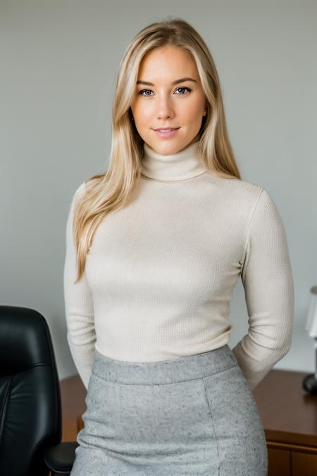 RAW photo of psjwl, Exuding professionalism in a Turtleneck and A-line skirt at a law firm's office, closeup portrait, blonde hair, (high detailed skin:1.2), 8k uhd, dslr, soft lighting, high quality, film grain, Fujifilm XT3, <lora:psjwl:1>