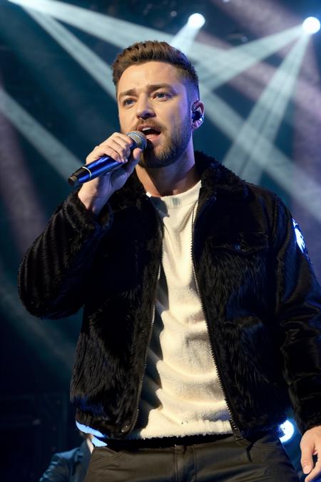 justintimeberlake wearing jacket with fur trim, [blue eyes], beard, stubble, 
upper body, on stage with stage lights, singing, 
 <lora:Justin_Timberlake_V1:0.6>