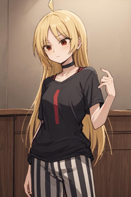 masterpiece, ijichi seika, ahoge, red eyes, very long hair, straight hair, striped pants, choker, black shirt