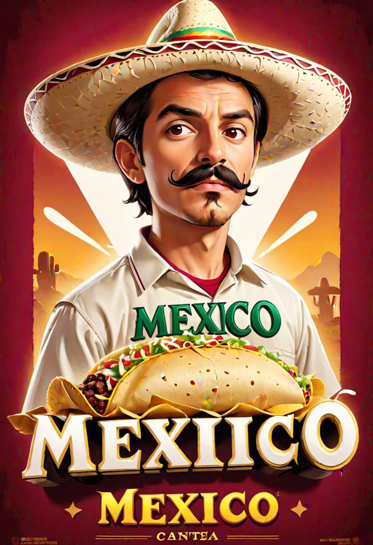 The word ("MEXICO":1.2) spelled out, movie poster, text logo, man wearing a sombrero, burrito, taco, moustache, mexican ca...