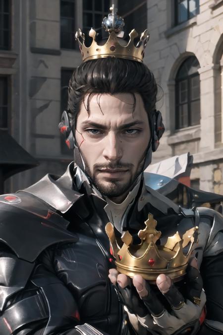 Highly detailed, High Quality, Masterpiece, beautiful, 1boy, solo, YouDroppedThisKingMeme, <lora:YouDroppedThisKingMeme:0.85>, cown, holding, holding crown, Jetstream Sam, facial hair, male focus, beard, cyborg, <lora:Char_MGR_JetstreamSam:0.7>