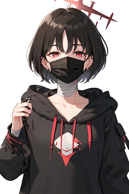 best quality, masterpiece, highres, solo, {misaki_bluearchive:1.15}, short_hair, black_hair, bangs, halo, red_eyes, bandages, bandaged_neck, hoodie, upper_body, ear_piercing, piercing, 1girl, black_hoodie, black_mask, brown_hair, earrings, hood, hood_down, jacket, looking_at_viewer, mask, mouth_mask, open_mouth, simple_background, tongue, tongue_out, white_background, collarbone, jewelry, long_sleeves, tongue_piercing