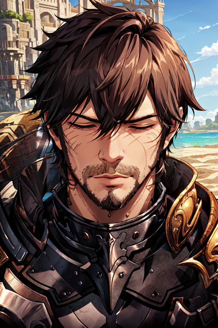 <lora:FFXIV_TrailerCG:0.8> FFXIV Trailer CG, solo, short hair, brown hair, black hair, 1boy, hair between eyes, closed mouth, closed eyes, weapon, male focus, armor, blurry background, facial hair, portrait, facing viewer, beard, close-up, realistic, stubble, hyur, Warrior of Light, Ardbert, wind swept, sand, dusty