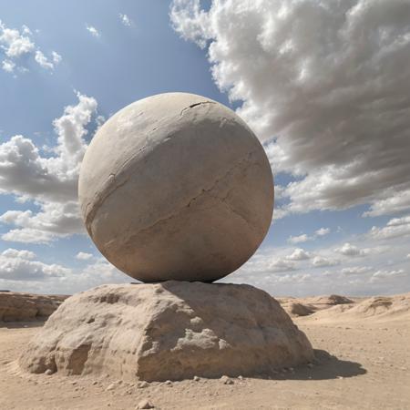 raw landscape,  natural sandstone  abstract sphere sculpture on pedestal in desert landscape, cloudy mist <lyco:Cloudify:0.45> <lora:sandstonenatural-soft:0.35>