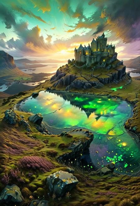 (by Ellen Jewett:1.5), (slightly gold Bioluminescent Impressionism, Scottish highland  landscape, The Dreamland, green earth, heather, sky sunset, sunrise, great castle on a crag, Crag, highland mountains, ethereal landscapes, depth of field, biotech emotion:1.3) <lora:xl_more_art-full_v1:0.5> <lora:add-detail-xl:1> <lora:RMSDXL_Creative:2>*Channel_42* PEAnimeBG