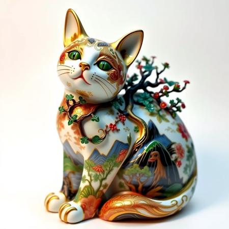 A sculpture of a cat, intricately designed with gold, red, green, blue, black and white patterns reminiscent of porcelain. The figure appears to be in harmony with the nature, with tree branches and foliage emerging from the cat's body. The patterns on the cat form depict landscapes, including mountains, water, and flora. The sculpture is placed against a white background, emphasizing its details and vibrant colors.
