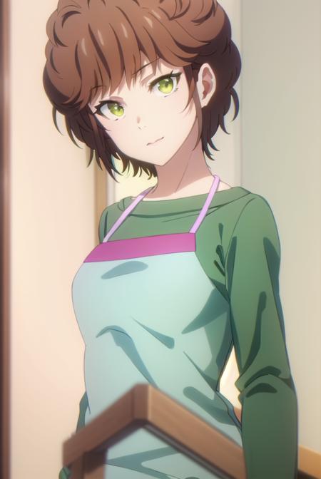 keikikisaragi, <lora:keiki kisaragi s1-lora-nochekaiser:1>,
keiki kisaragi, short hair, brown hair, (green eyes:1.3), smile,
BREAK shirt, apron, pink shirt,
BREAK indoors, kitchen,
BREAK looking at viewer, (cowboy shot:1.5),
BREAK <lyco:GoodHands-beta2:1>, (masterpiece:1.2), best quality, high resolution, unity 8k wallpaper, (illustration:0.8), (beautiful detailed eyes:1.6), extremely detailed face, perfect lighting, extremely detailed CG, (perfect hands, perfect anatomy),