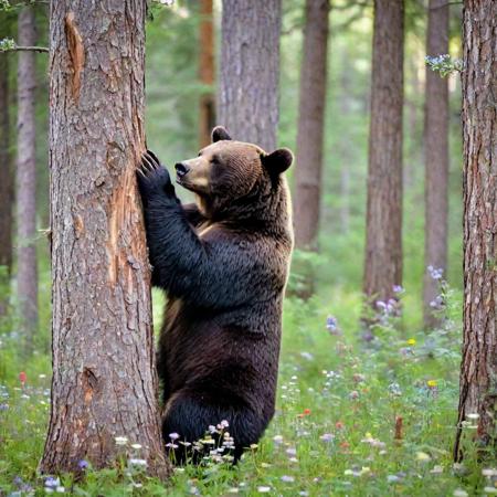 <lora:lcm_sdxl_lora:1>,   <lora:nat:0.7>, a bear scratching a tree, heavy forest all around, wildflowers, butterflies,