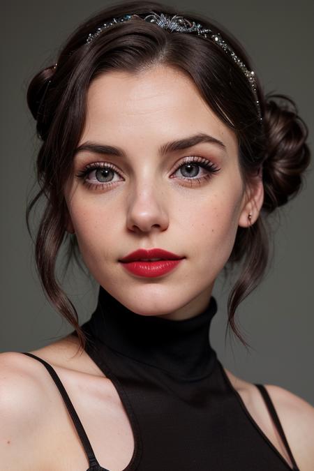 photo of franreale:0.99,a woman,((pale skin)), ((beautiful dark brown hair, hair up, hair in bun):1.2), ((fancy dress, tiara, turtleneck dress)),((closeup, portrait)),((fancy party, royal ball)),((red lipstick):1.2), (eyeliner, eye shadow, blush), ((best quality, masterpiece, extreme details, high resolution):1.2),((detailed eyes, beautiful eyes, detailed face, beautiful face):1.2)