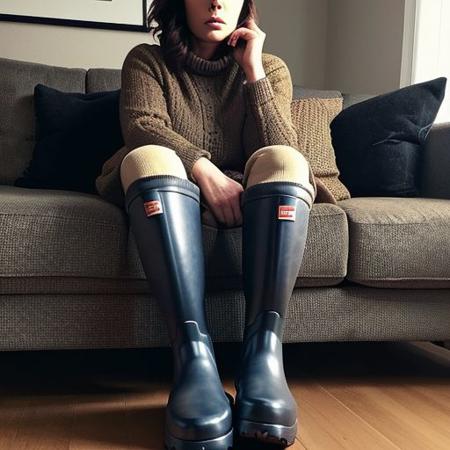 instagram photo of 32 years old woman sitting on couch, wearing dirty wellington boots, focus on boots, view from the floor