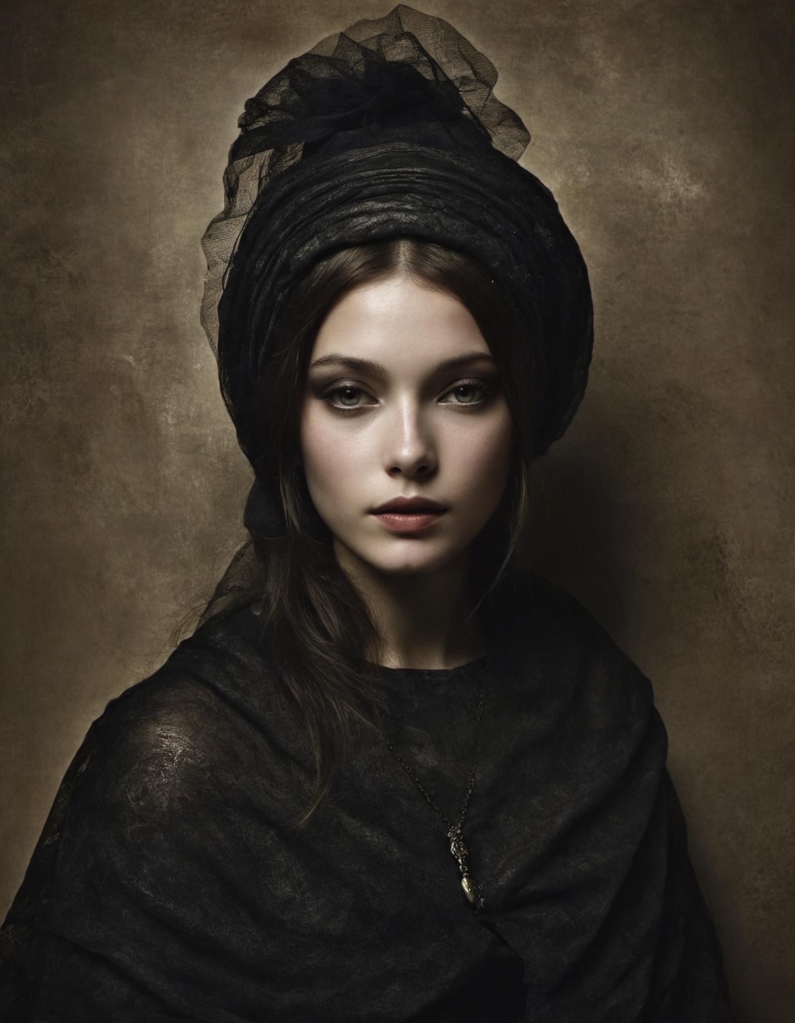 A beautiful young woman wearing a black shawl and a black lace headpiece.