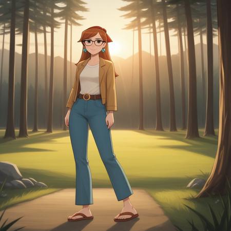 bandana, auburn hair, glasses, freckles, lips, peace symbol earrings, long sleeves, mini-jacket, long jeans, flip flops, total drama, miles_(\total_drama\), belt, black eyes