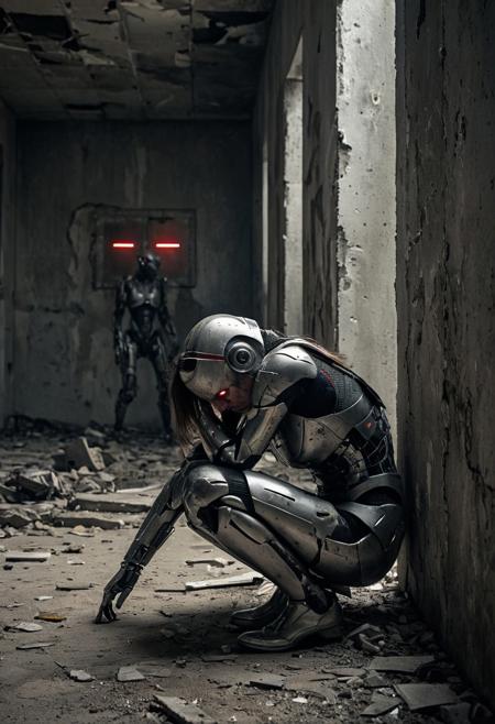 A woman in ripped corporate attire, crouched in the corner of a dim, abandoned building, crying silently. Her clothes are torn and dusty, her face shows fear, anxiety, and exhaustion, tears streaking down her cheeks. The setting is dystopian and tense—cracked concrete walls, debris on the floor, flickering overhead lights, and a heavy, haunting atmosphere.
Behind a nearby broken wall, several humanoid AI robots with sleek metallic armor and glowing red eyes are searching methodically for human survivors.
Hyper-realistic, ultra-detailed, cinematic lighting, 8K resolution, gritty sci-fi environment, emotional and suspenseful mood.