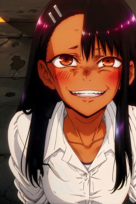 uneven eyes:1.2, wide-eyed,<lora:uneven eyes:1.1> 1girl,  <lora:Char - Nagatoro hayaseV2:0.3> nagatoro hayase, dark-skinned female, black hair, brown eyes,