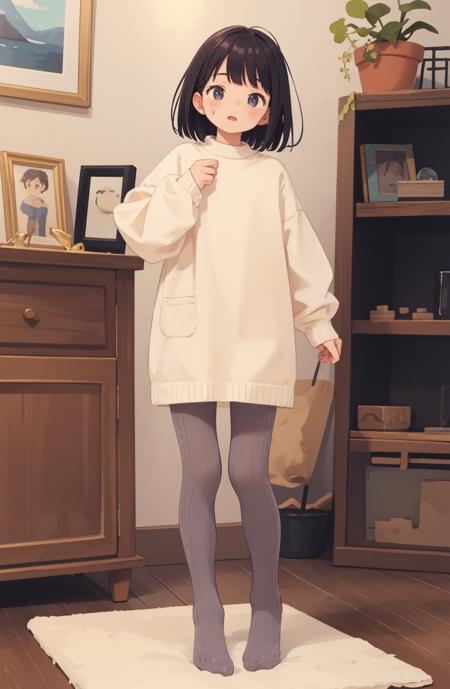 (1girl, solo), ((best quality, masterpiece)), <lora:cabletights-Lite:0.8> (cktights:1.2), sweaterdress, grey pantyhose, full body, no shoes,