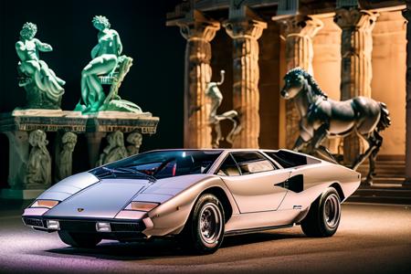 analog gloomy photo of an iridescent silver Lamborghini Countach car,  <lora:c0unt4ch:0.9>, ((at night)), in a photography studio, ((greek sculptures in the background:1.3)), (neon lights), (vaporwave), retrowave, (outrun), (cyberpunk), (laser beams), futuristic, magical, surreal, dreamy, High Detail, Sharp focus, (photorealism), realistic, best quality, 8k, award winning, dramatic lighting, epic, cinematic, masterpiece, rim light, ambient fog:1.5, dutch angle, wide angle lens, ,