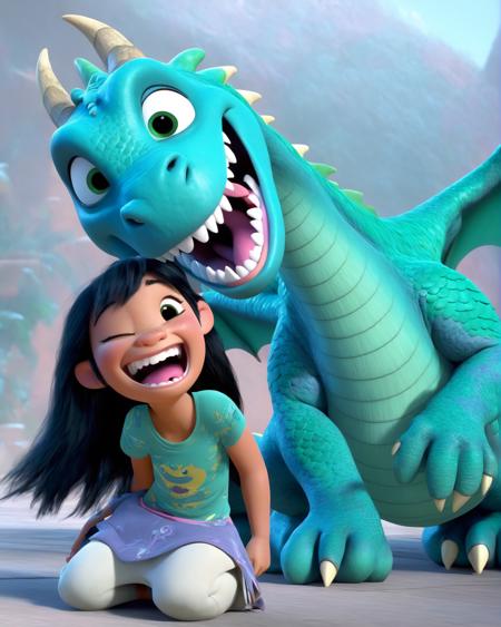 1girl, black hair, long hair, open mouth, smile, closed eyes, monster, teeth, dragon, child, realistic, shirt, cgi, (pixar:0.5) <lora:offset_0.2:1>