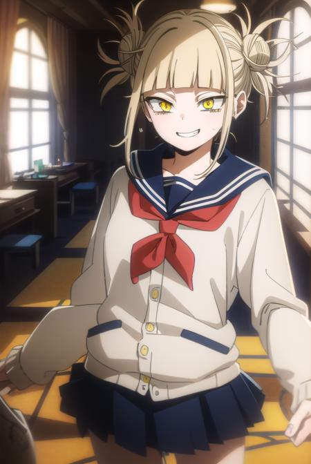 togahimiko, <lora:himiko toga s5-lora-nochekaiser:1>,
himiko toga, (toga himiko:1.2), bangs, blonde hair, (yellow eyes:1.5), blunt bangs, hair bun, double bun, messy hair, smile, grin, teeth,
BREAK skirt, long sleeves, school uniform, pleated skirt, shoes, serafuku, socks, sailor collar, blue skirt, neckerchief, kneehighs, brown footwear, cardigan, black socks, loafers, red neckerchief, yellow cardigan,
BREAK indoors, classroom,
BREAK looking at viewer, (cowboy shot:1.5),
BREAK <lyco:GoodHands-beta2:1>, (masterpiece:1.2), best quality, high resolution, unity 8k wallpaper, (illustration:0.8), (beautiful detailed eyes:1.6), extremely detailed face, perfect lighting, extremely detailed CG, (perfect hands, perfect anatomy),