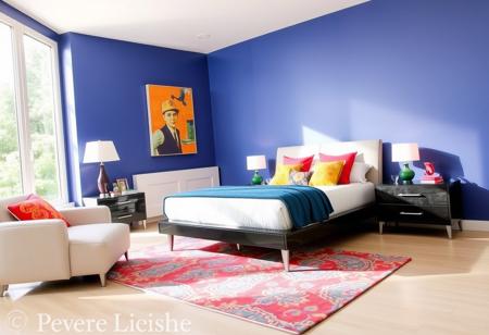 A modern bedroom with brightly painted walls and large windows that let in abundant natural light. The room features sleek, contemporary furniture, including a stylish bed and nightstands. Colorful decor accents, such as vibrant throw pillows, artwork, and a patterned rug, add a cheerful and lively atmosphere to the space.