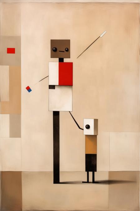 <lora:Gabriel Pacheco Style:1>Gabriel Pacheco Style - a suprematism painting of a child-like creature with a toothbrush hunting him in Madrid with muted colors