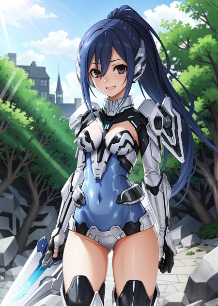 ManaDef black eyes, blue hair, blue eyes, long hair, hair between eyes, medium breasts, high ponytail, ponytail, breasts, bangs thighhighs, gloves, boots, black gloves, elbow gloves, sword, armor, leotard, see-through, covered navel, skindentation, thigh strap, headgear, thigh boots, shoulder armor, armored boots, grey thighhighs, grey leotard;