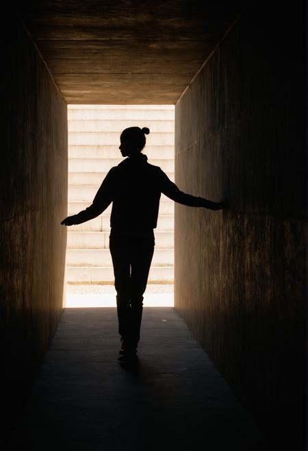 shadow play of  woman posing, long shadows, bright wall breakthrough  in dark underpass, spotlight, looking over shoulder,   (cinematic),  (film grain)  <lora:add-detail-xl:0.4>